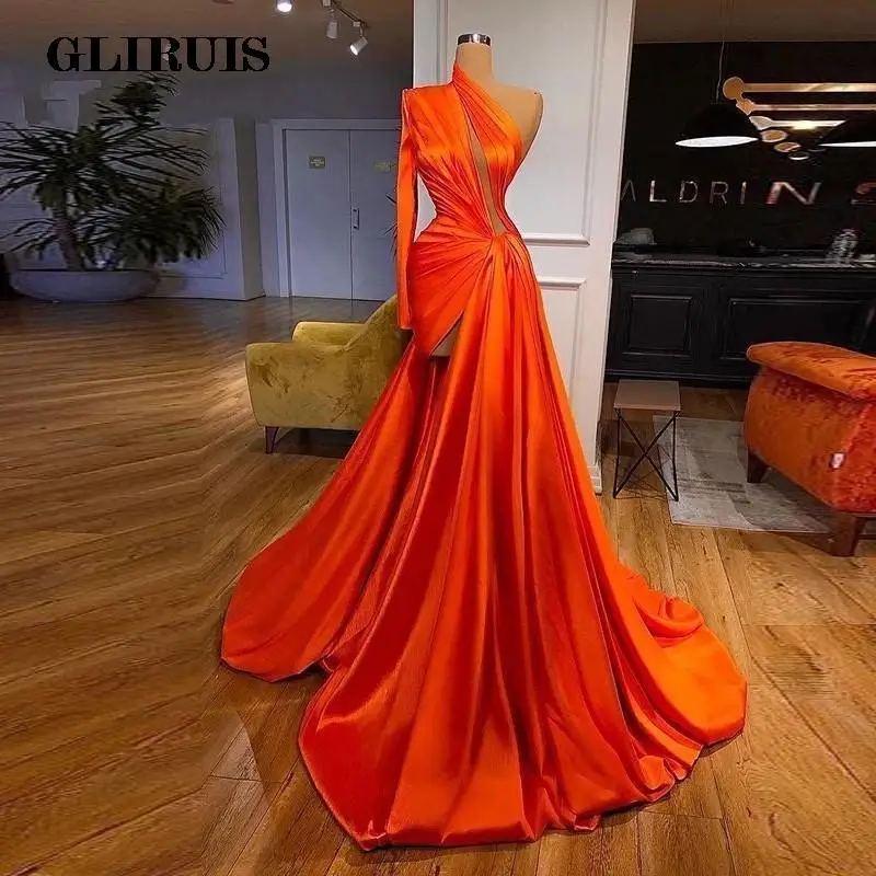 

Orange Evening Dresses Sexy One ShoulderSoft Satin High Split Prom Dress Long Backless Party Gowns Plus Size