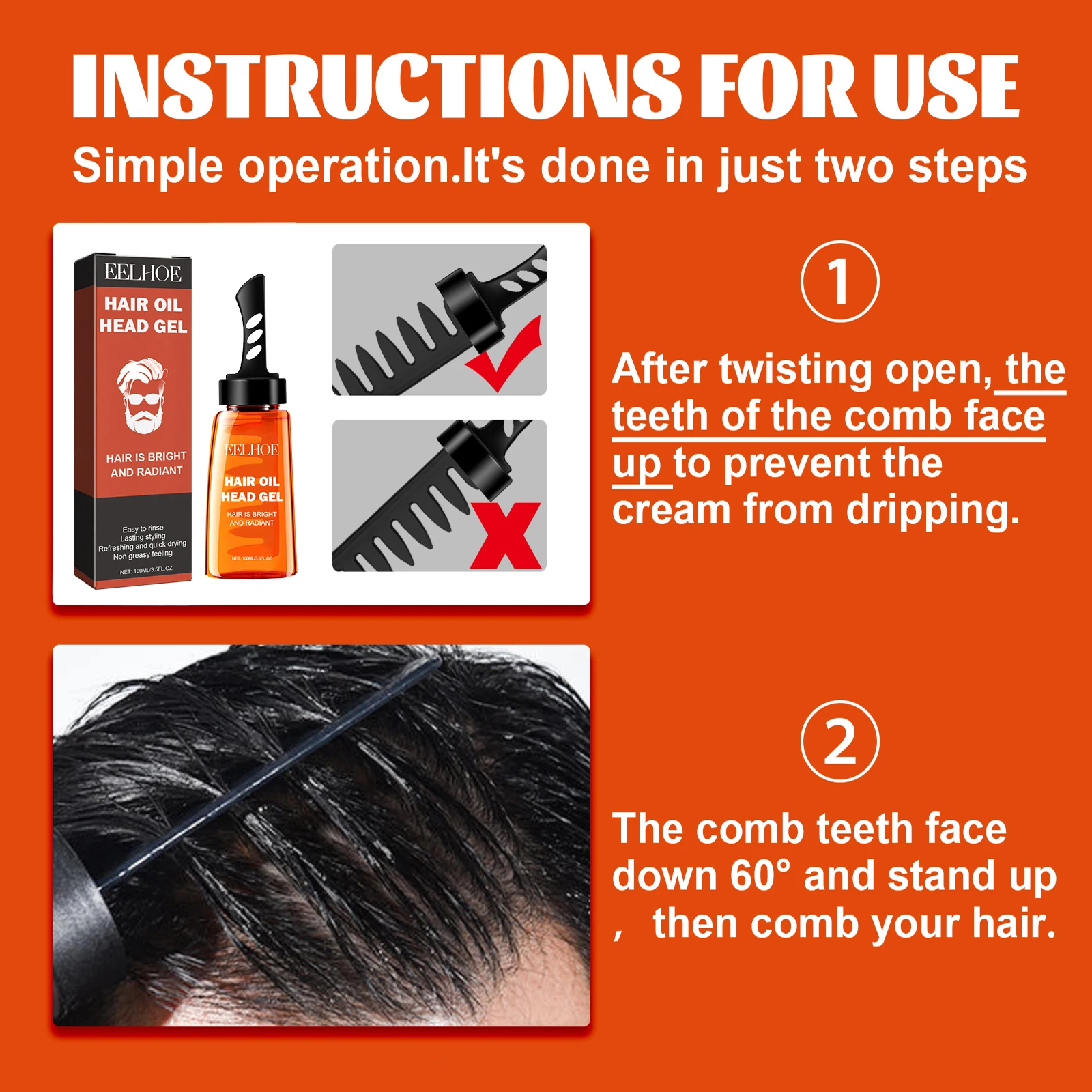 Olio per lo styling dei capelli 2 in 1 con pettine a denti larghi Uomo Olio per lo styling dei capelli soffice a lunga durata Crema per lo styling dei capelli Liquido soffice Comb100ml 2