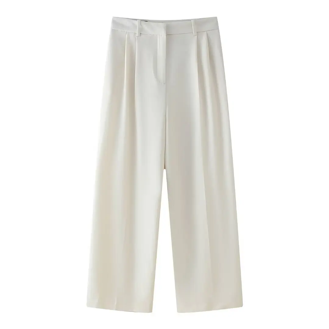 thumbnail image 1 of HH TRAF 2024 Conjunto de mujer con cuello vuelto, sin mangas, blusa de un solo botón + pantalón de pierna ancha de cintura alta, traje de otoño para mujer de moda, 1 of 5