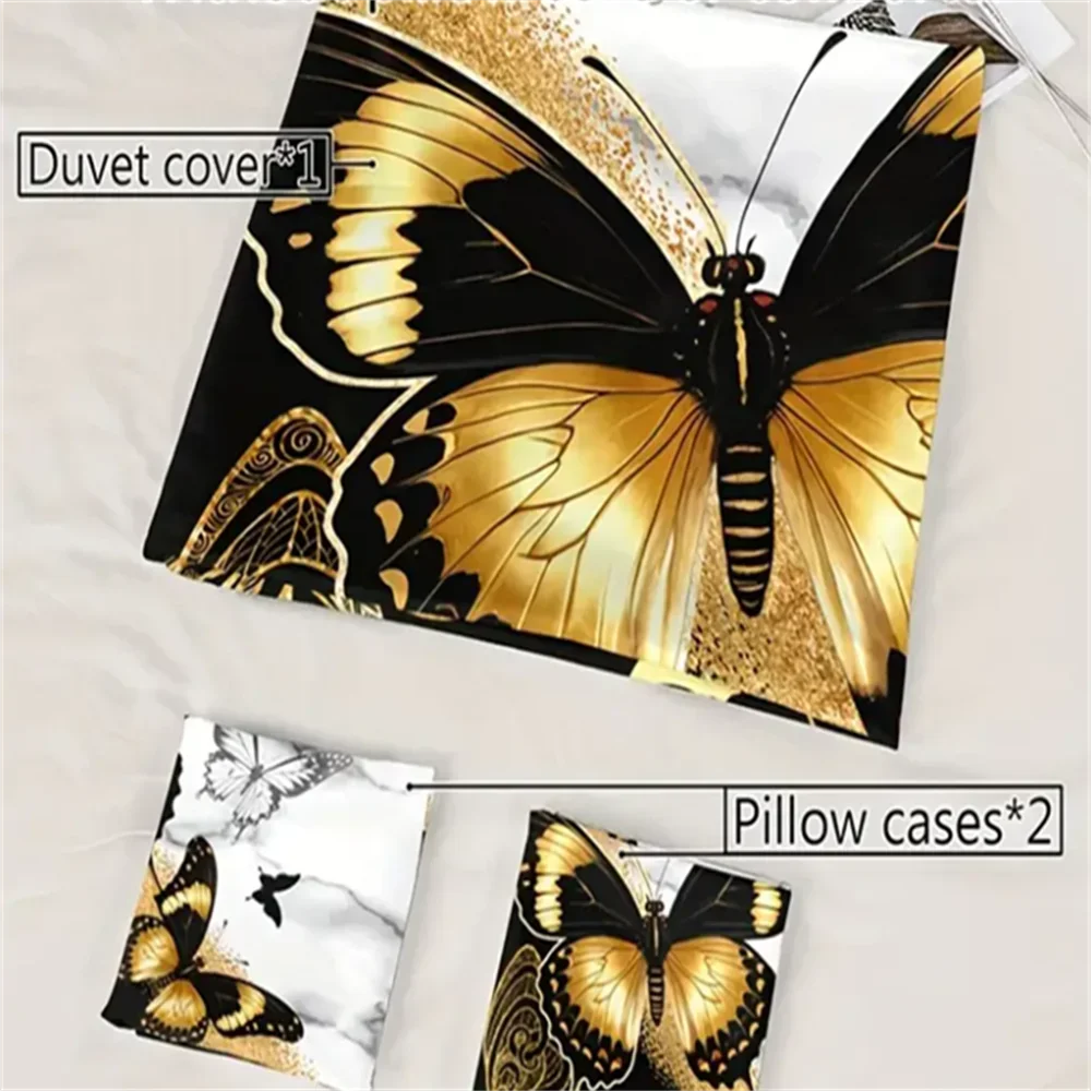 3pcs Golden Butterfly Duvet Cover Set, Black and White, Breathable Polyester, All-Season, Digital Print, Duvet Cover For Bed