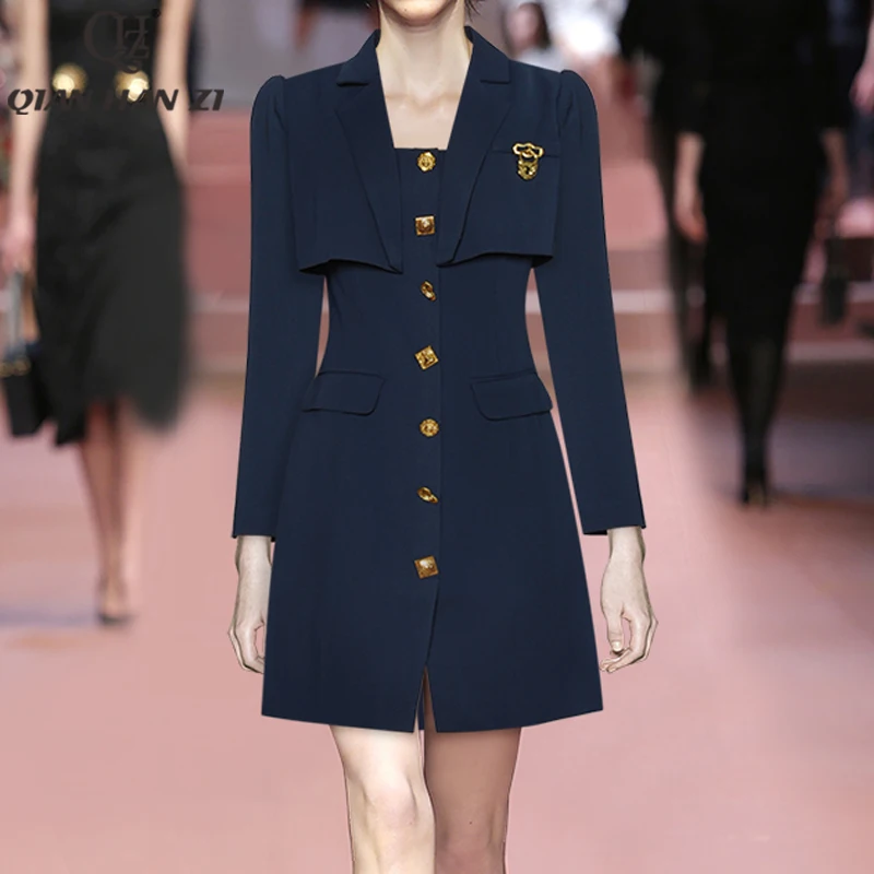 

Qian Han Zi Designer Fashion Runway Dress long sleeved vintage Fake Suit stitching pocket button slim dress women autumn/winter