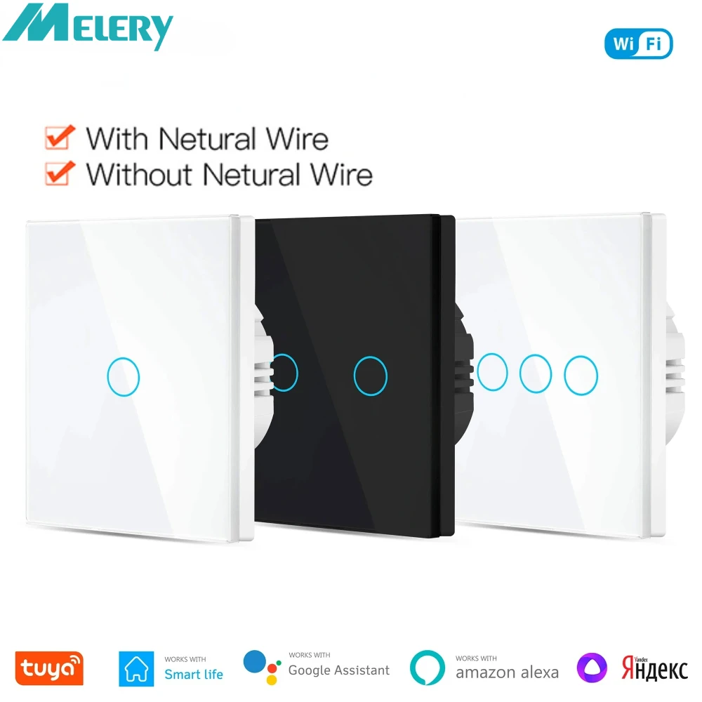 מתג אור חכם אלחוטי Melery Wifi עם פאנל מגע זכוכית קיר, שליטה מרחוק קולית מקבילה דו כיוונית על ידי Alexa Echo Dot Google Home