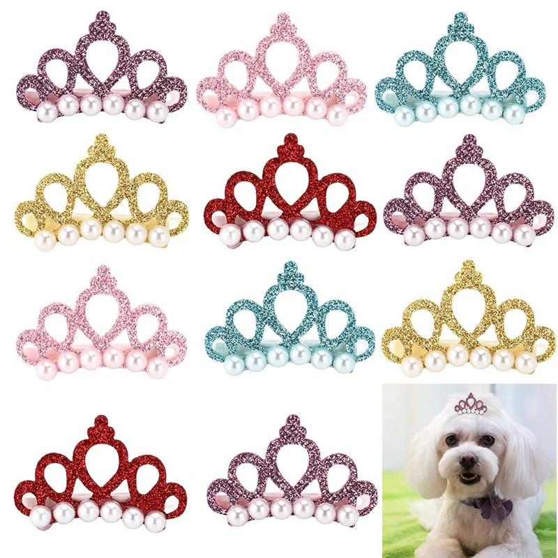 

50/100pcs Dog Hair Clips Bows Faux Pearl Crown Shape Head Decoration For Pets Cat Puppy Hairpins Decor Grooming Accessoires