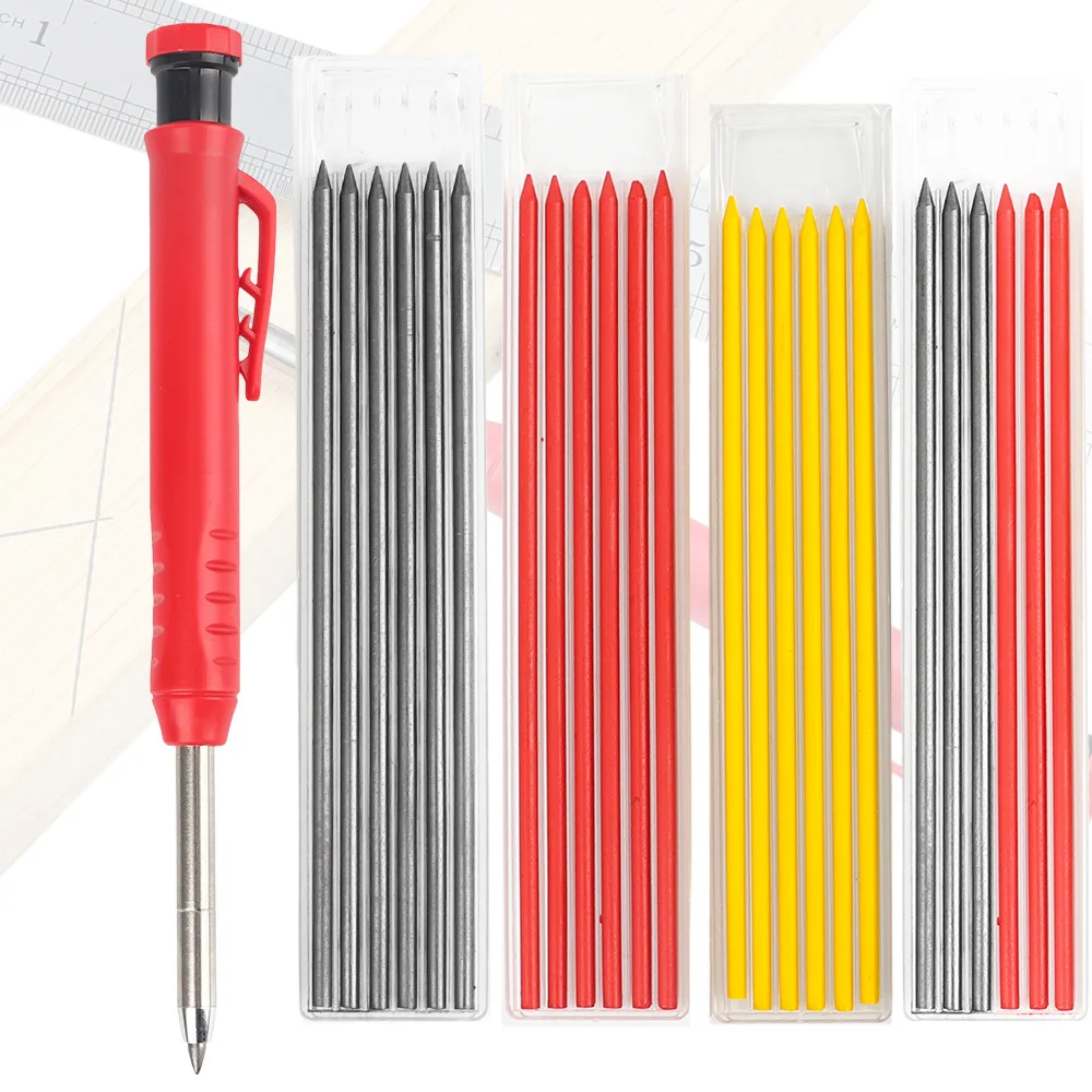 Solid Carpenter Pencil 6 Refill Leads Builtin Sharpener Marking Tool Woodworking Deep Hole