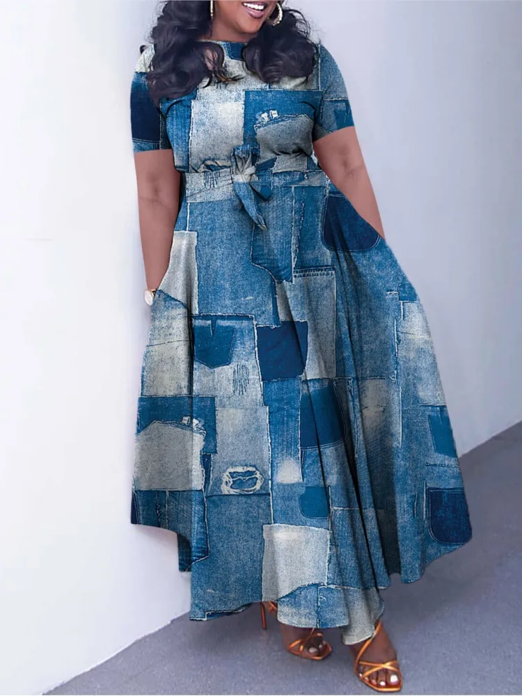 

Casual Short Sleeve Woman Dress Office Lady Spring Summer Fashion Casual Loose Print Lace Up Dresses For Women 2024 Female Robe