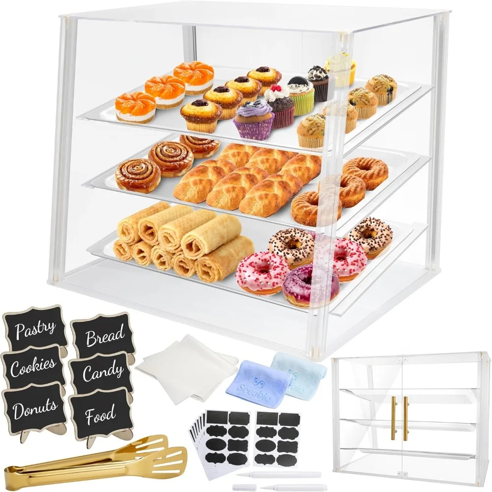 3-Tier Acrylic Bakery Display Case with Magnetic Doors, Removable Trays & Gold Accents for Desserts