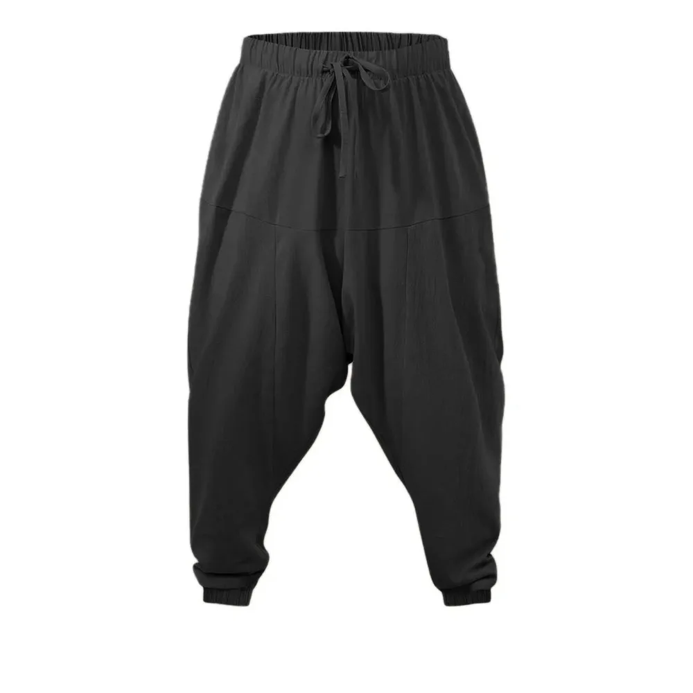 Harem Pants for Men Cotton Linen Drop Crotch Cozy Streetwear Loose Fit Breathable Lightweight Long Pants Male Joggers - 4