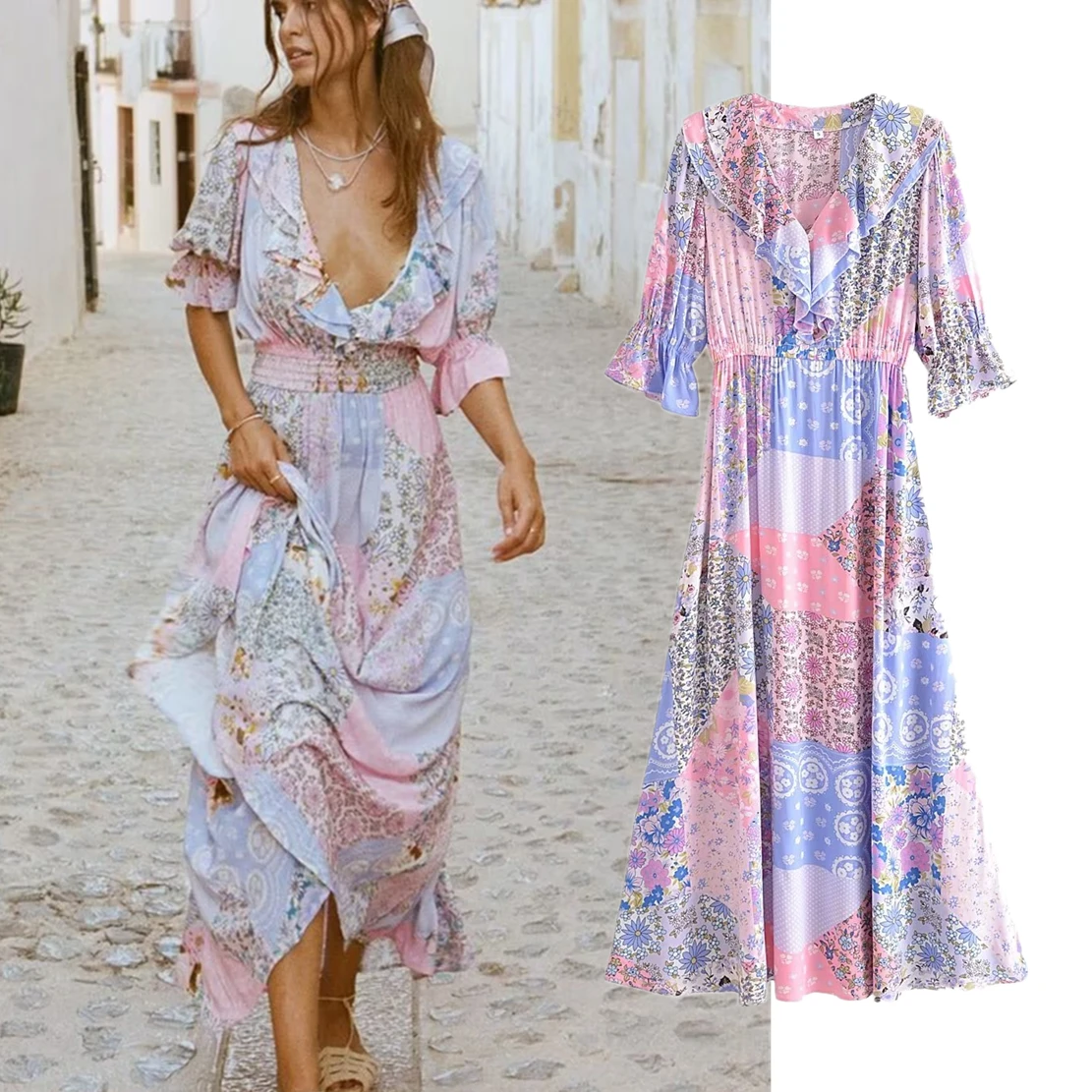 

Elmsk Bohemian Style Indie Folk Floral Printing Maxi Dress Cotton Cascading Beach Summer Dress Women