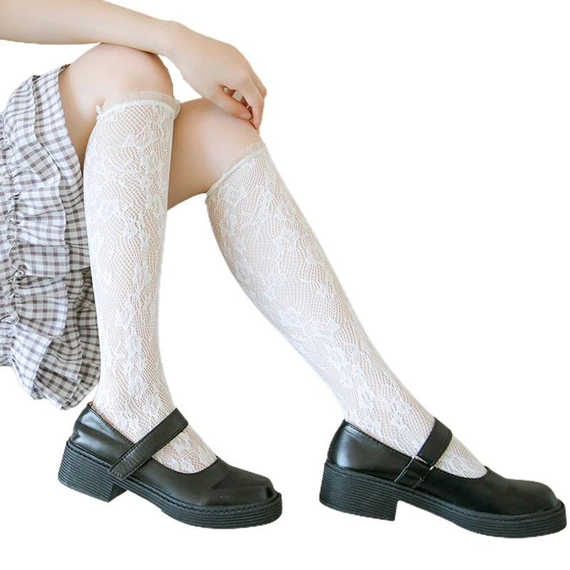Women Fishnet Lace Knee High Socks Flower Vine Pattern Ruffle Trim Stockings