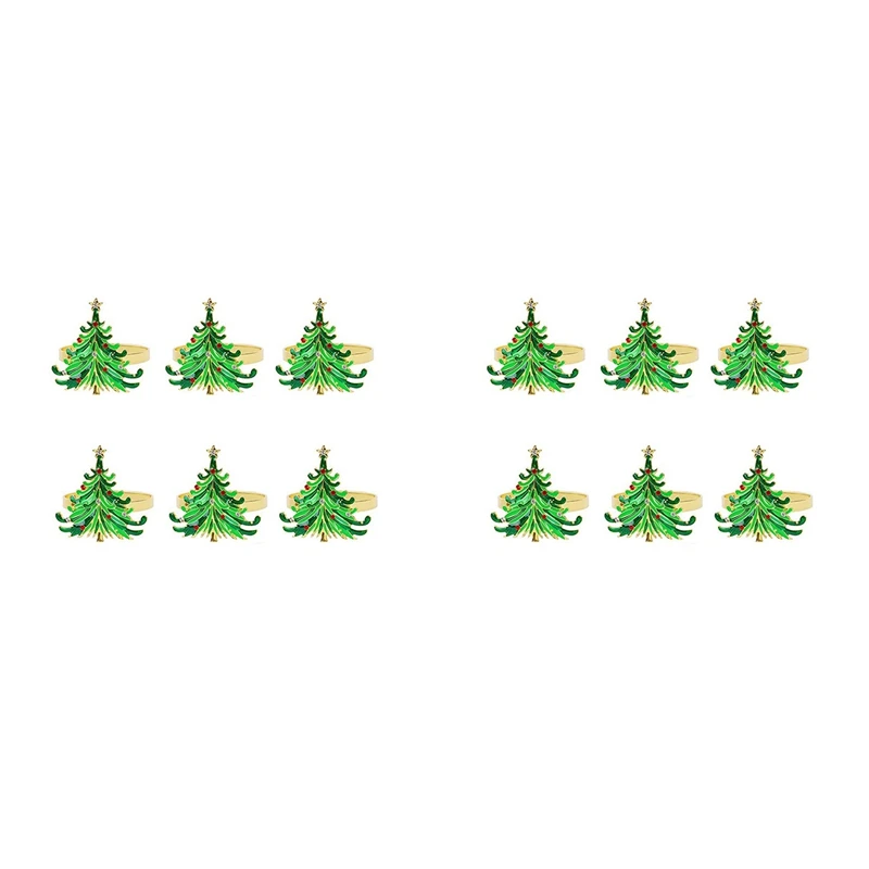 

12 зеленых кольца для салфеток с рождественской елкой, золотые кольца с красным и белым бриллиантом для рождественского обеденного стола