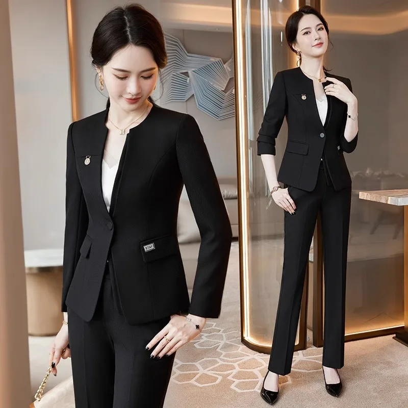 

Black Collarless Suit Women's Autumn Beauty Salon Jewelry Shop Workwear Hotel Front Desk Professional Tailored Suit Suit Formal