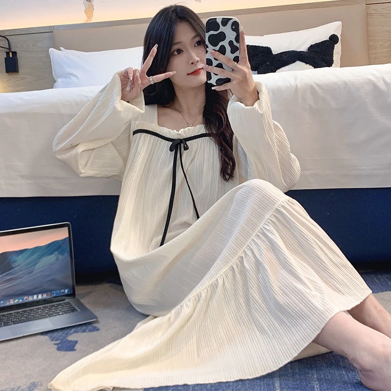 

2024 New Long-sleeved Nightgown Women Summer Thin Long-sleeved Square Neck Pajamas Loose Homewear Spring Autumn Sleepshirts