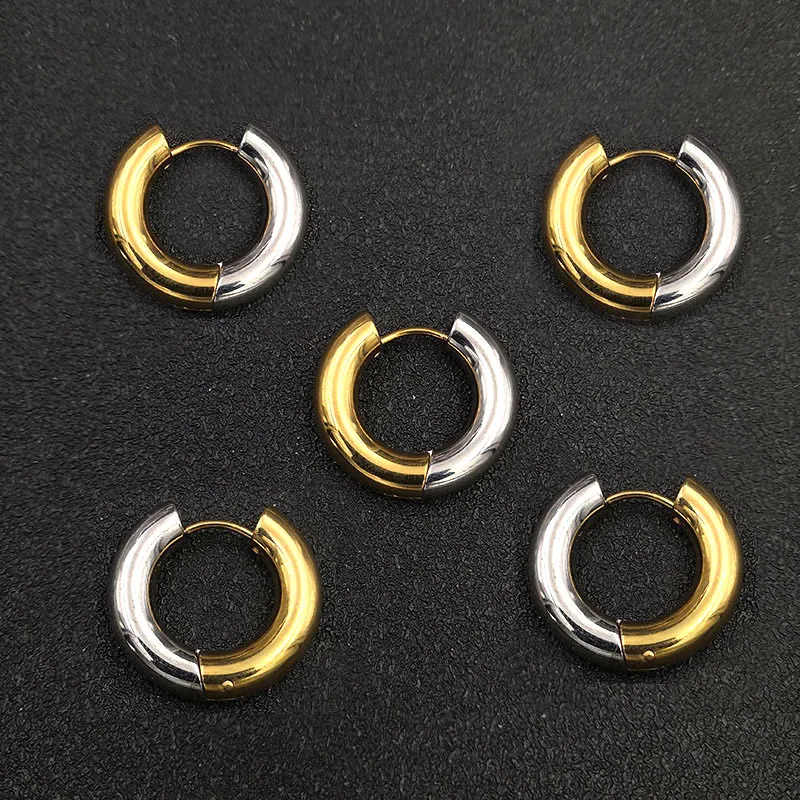 두꺼운 4.0mm 5.0mm 스테인레스 스틸 라운드 서클 후프 귀걸이 여성용, 여자 골드 및 스틸 스티칭 컬러 귀걸이 6 개/묶음