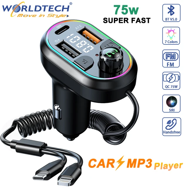 Gwefrydd Car Worldtech Chwaraewr Mp3 Trosglwyddydd FM Bluetooth QC 3.0 PD Math C Pecyn Car FM Modulator Gwefrydd Ffôn Codi Tâl Cyflym 1