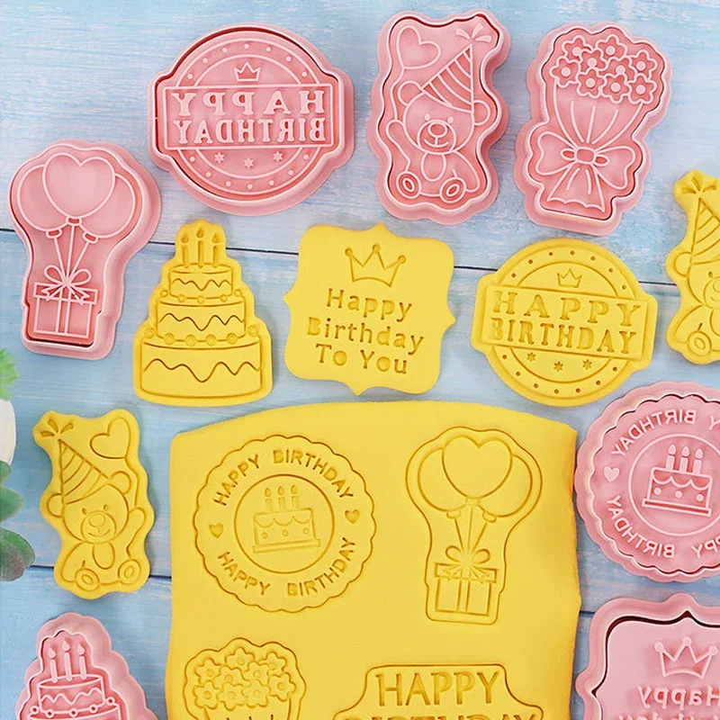 Cookie Cutter Set 8Pcs Happy Birthday Theme Cake Bear Flower Biscuit Mold Cookie Stamp Baking Pastry Bakeware for Birthday Party