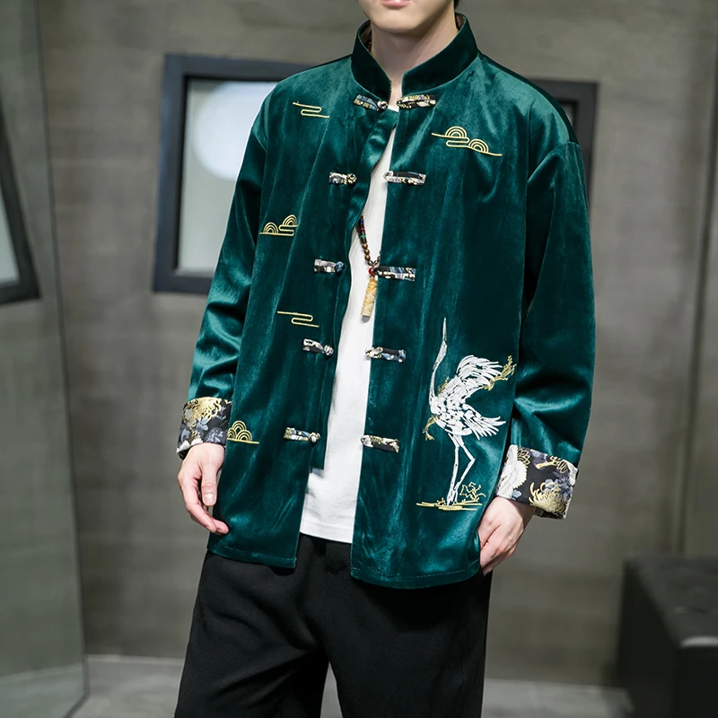 

Mens Corduroy Embroidery Traditional Chinese garments Mandarin collar Men Long sleeve shirt 2023 Spring Autumn New Coat Man