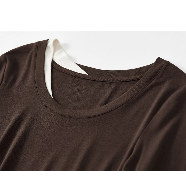 Asymmetric Patch T-Shirt    Women’s casual solid round O-neck long sleeves slim fit simple elegant boatneck Tops for woman in brown with white accents Spring Fall Autumn womens boat neck asymmetrical irregular hem plus size T-Shirts fashion #143T56159