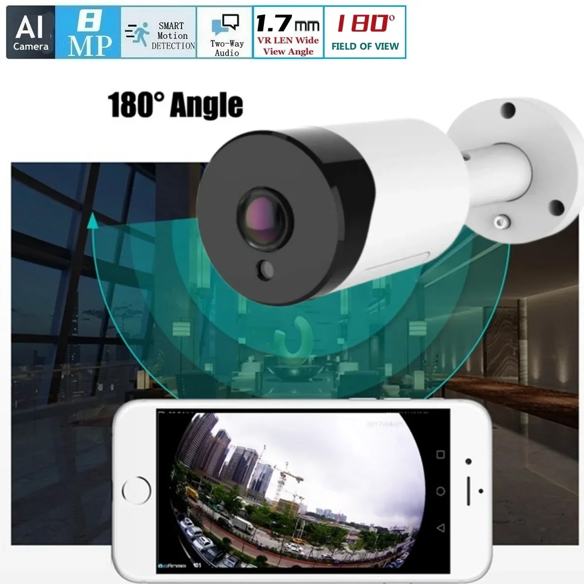 

With Two way audio Night Vision bullet Cam 8MP 5MP 4MP 3MP IP66 Waterproof Security Camera 4K VR Panoramic 180 Degree Poe