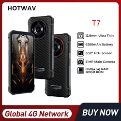 HOTWAV T7 Waterproof Rugged Smartphone 6.52Inch HD+ Octa Core 4GB+128GB Android 13 Mobile Phone 21MP Rear Camera 6280mAh Battery