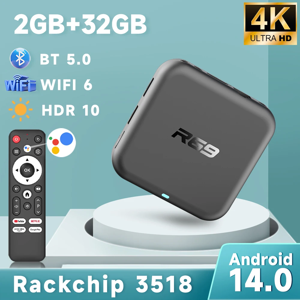 Rockchip 3518 TV Box R69-1 HDR 10 Ultra HD 4K Rockchip 3518 AndroidTV 14 Netflix Google Support Wifi6 BT5.0