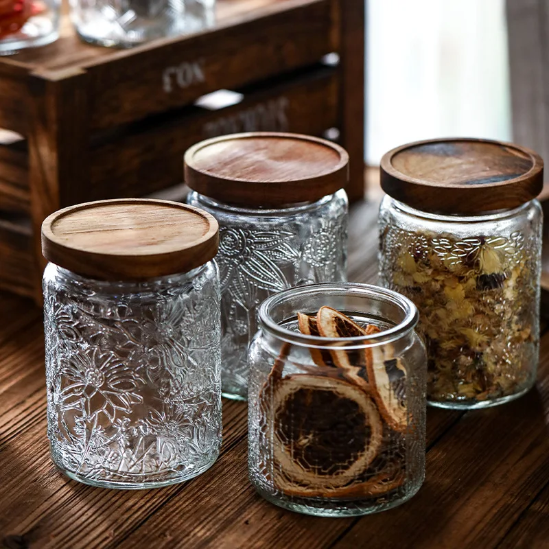 Retro Begonia Flower Small Glass Sealed Jar Acacia Wood Cover Candy and Snacks Storage Tank Dried Fruit Tea Storage Tank 4