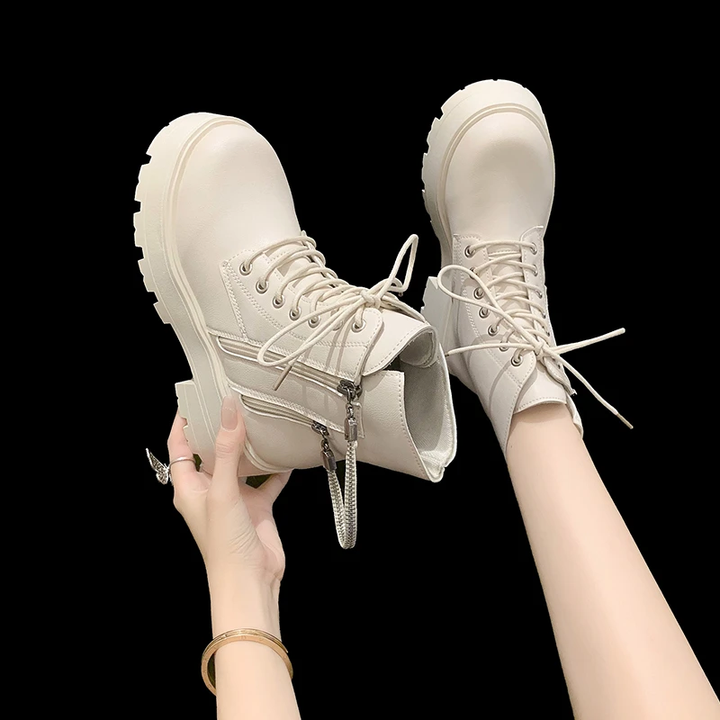 2023 PU Shoes for Women Platform Women's Boots Ankle Modern Boots Women Round Toe Lace Up Side Zip Fretwork Heel Ladies Shoes
