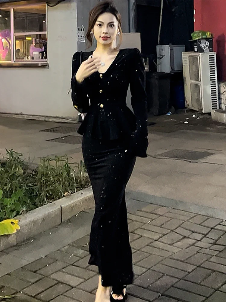 

2023 Autumn Winter Black Velvet Sequins Two Piece Dress Sets Women Elegant Luxury Dresses Korean Vintage Bodycon Ruffled Dresses