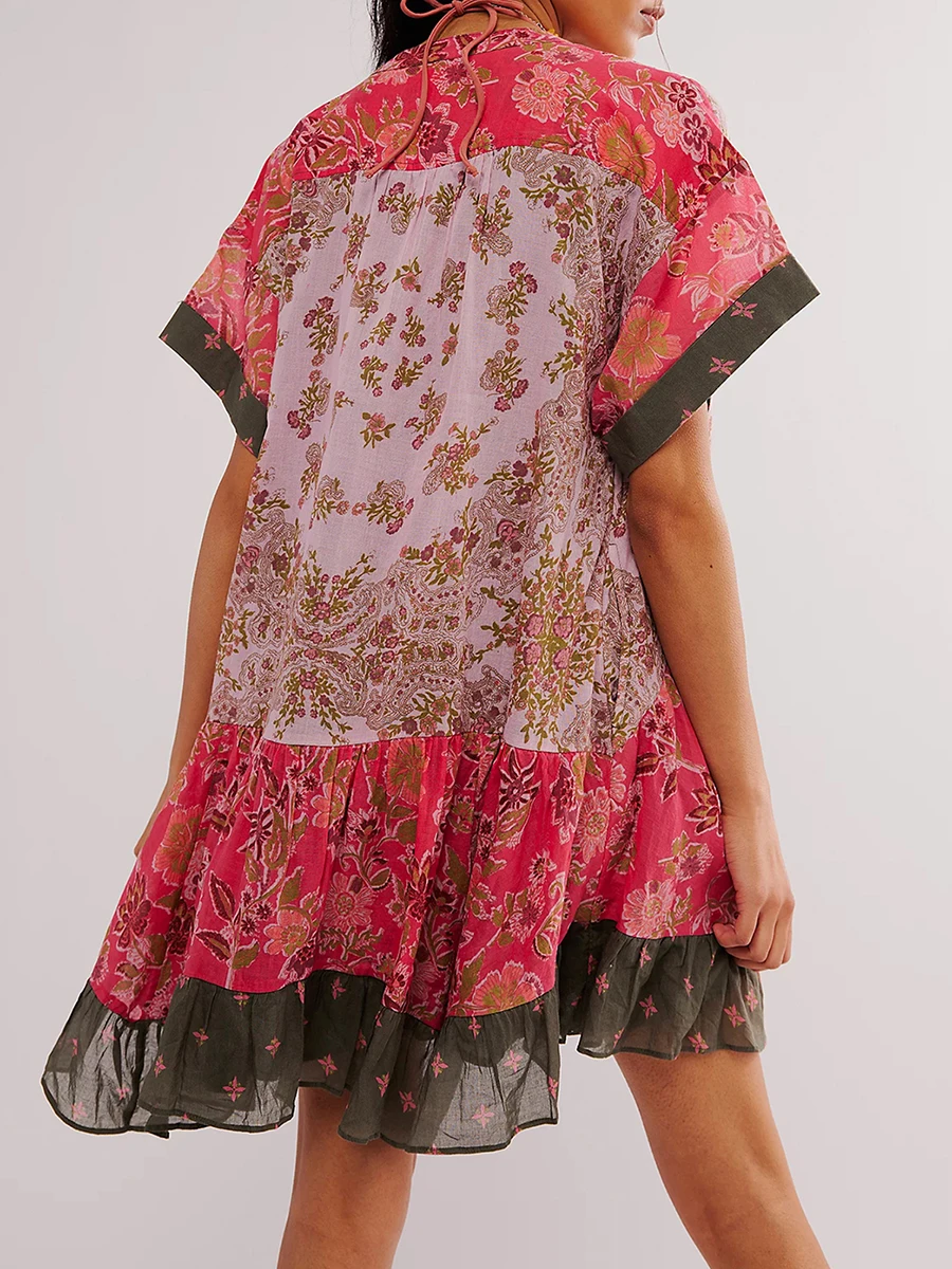 

Women s Summer Bohemian Dress Vintage Floral Print Short Sleeve V-Neck Babydoll Dress Casual Loose Fit Flowy Boho Dress