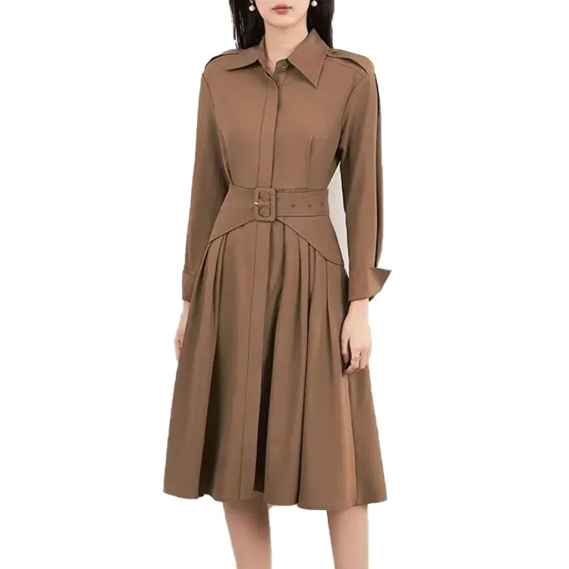 

VII 2023 Women's Dress Autumn Winter Female Clothing Shirt Collared Waist Seal Slimming Temperament Dress Free Shipping Offers