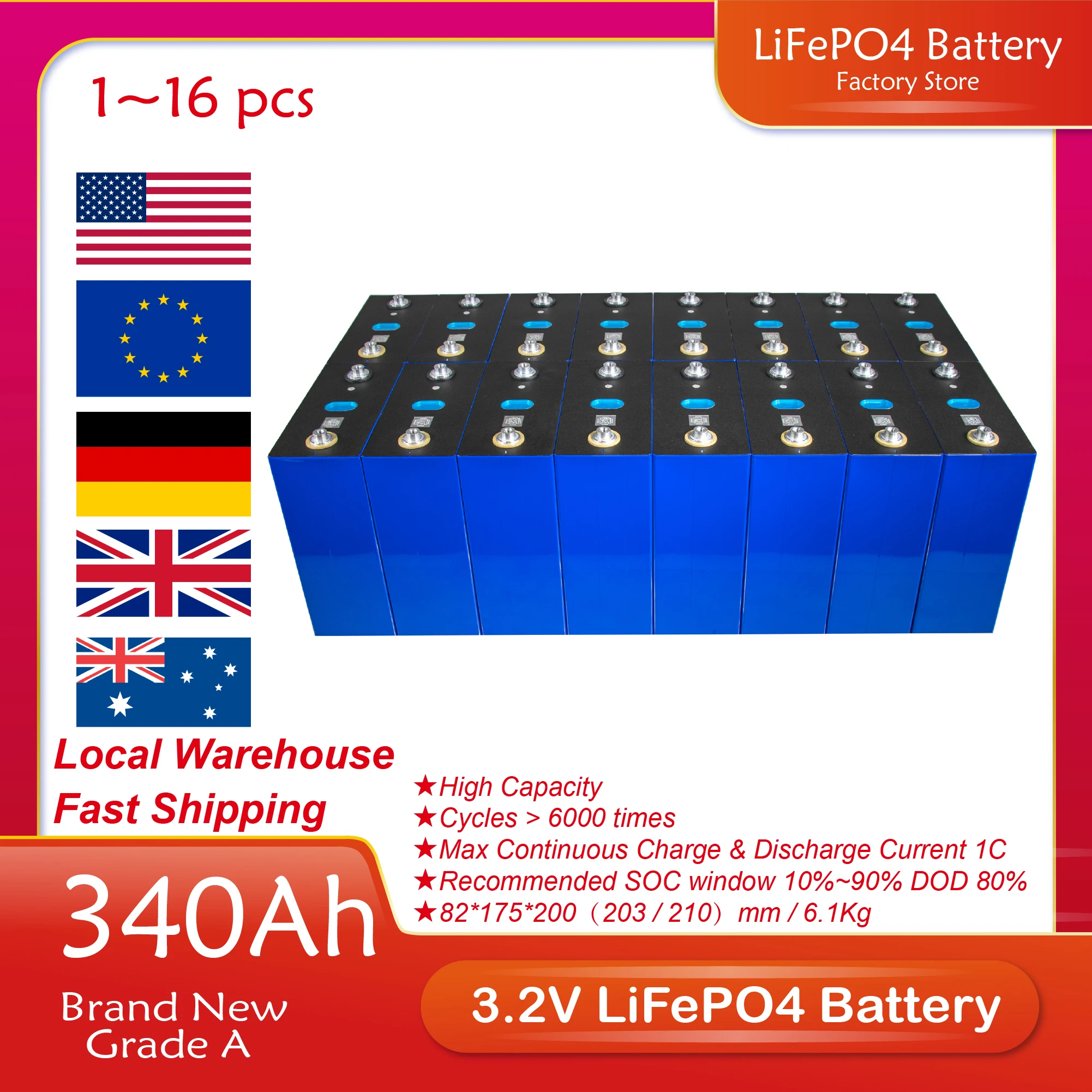

3.2V 340Ah LiFePO4 Lithium Iron Battery Cell 4/8/16/32/48PCS Rechargeable Brand New 100% Full Capacity Grade A For Solar Storage
