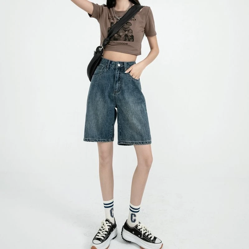 White Wide Leg Denim Shorts Women High Waist Summer Solid Knee Length Jeans Light Blue High Quality Casual Short Pants Female