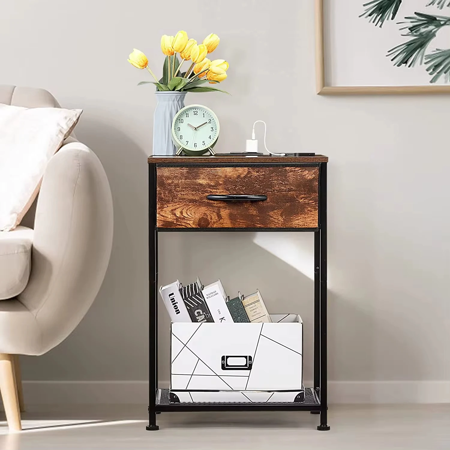 Nightstand End Table with Charging Station USB Ports Drawer  Shelf Brown