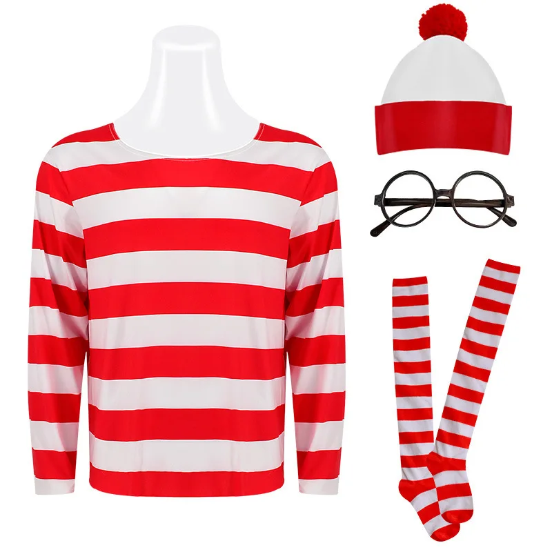 Wheres Waldo Striped Shirt Youth Kids Boys Wally Costume Shirt Glasses and Hat Socks Unisex  Adults Halloween Cosplay Costume