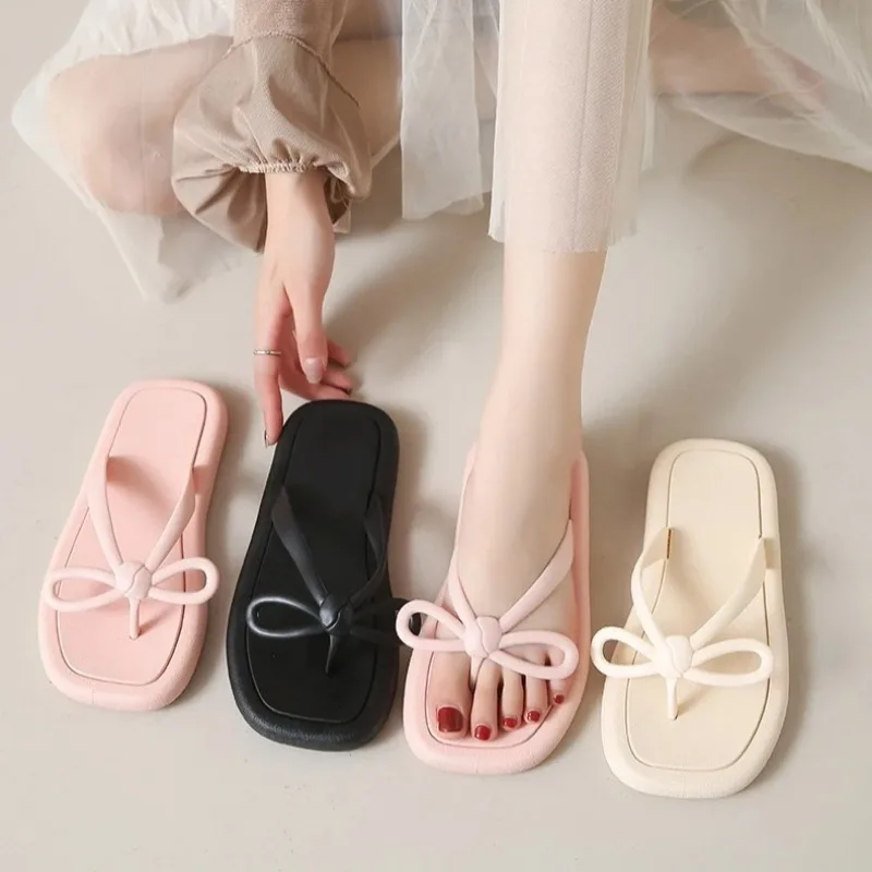 Cute Bowknot Flip Flops Ladies Fashion Outwear Bathroom Slippers Outdoor Beach Slippers Indoor Casual Comfortable Slippers