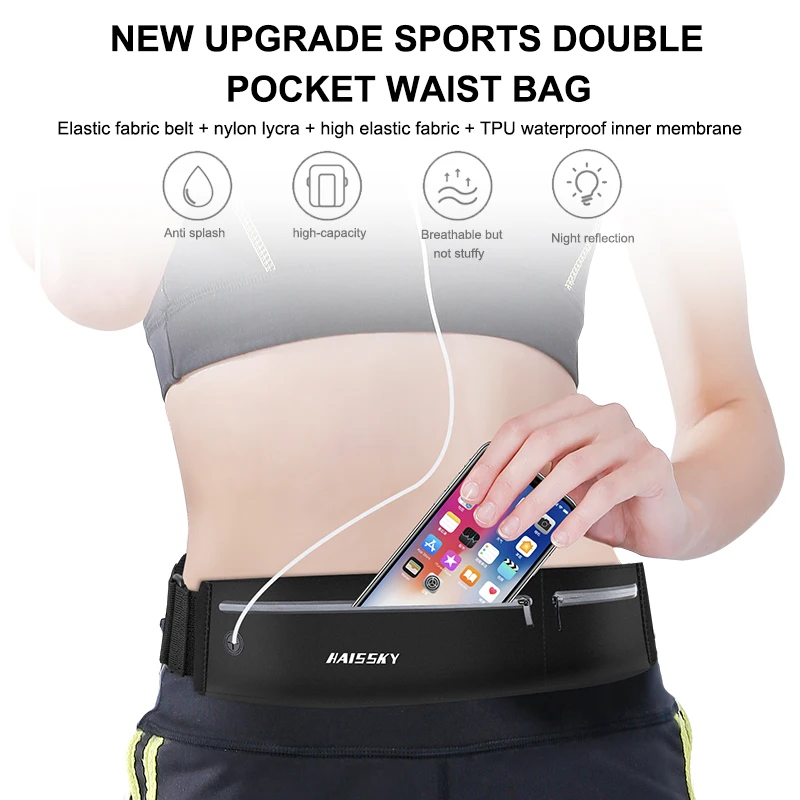 Haissky 남녀공용 방수 스포츠 러닝백, 더블 지퍼 허리띠, 휴대폰 파우치, 체육관 신축성 피트니스 허리팩 가방, 신제품