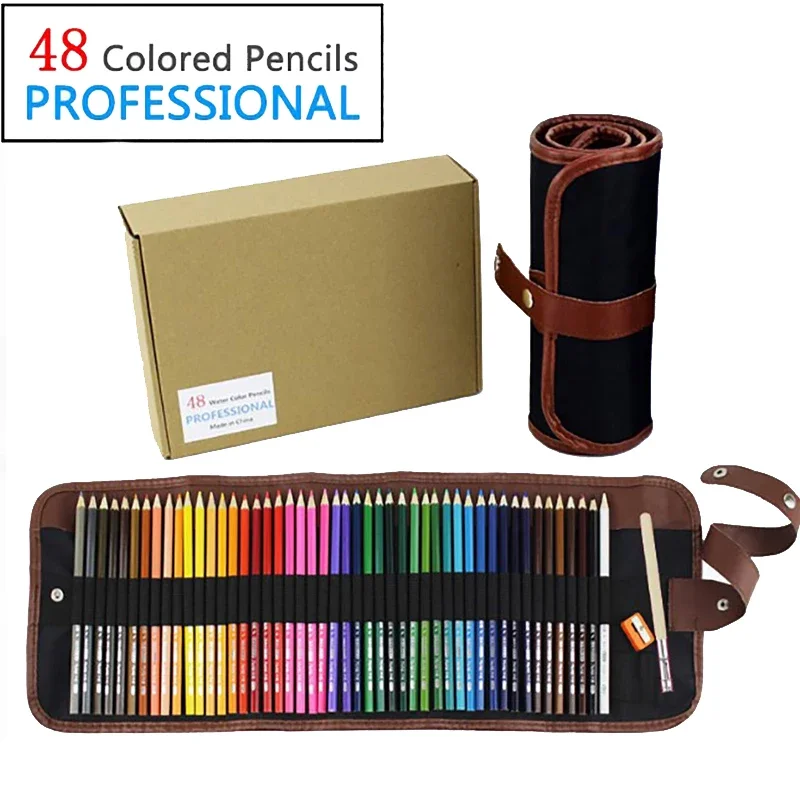 

48 Colour Watercolour Pencil Set Professional Artist Grade High Quality With Pencil Holder Sharpener & Brush