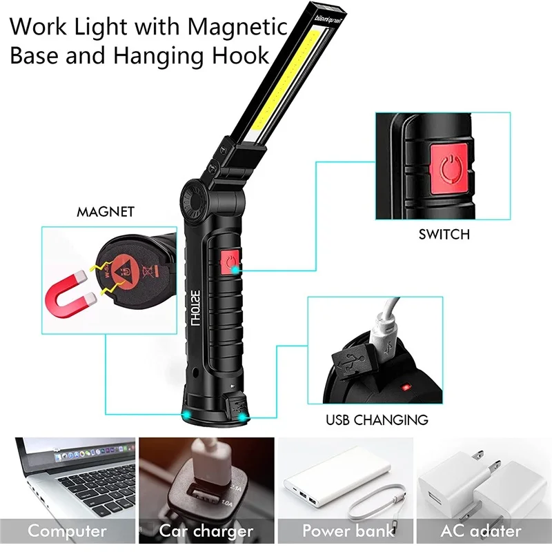 5 Modes USB Rechargeable Flash Light COB Torch Tail Magnet Work Lights Portable Camping Lantern LED
