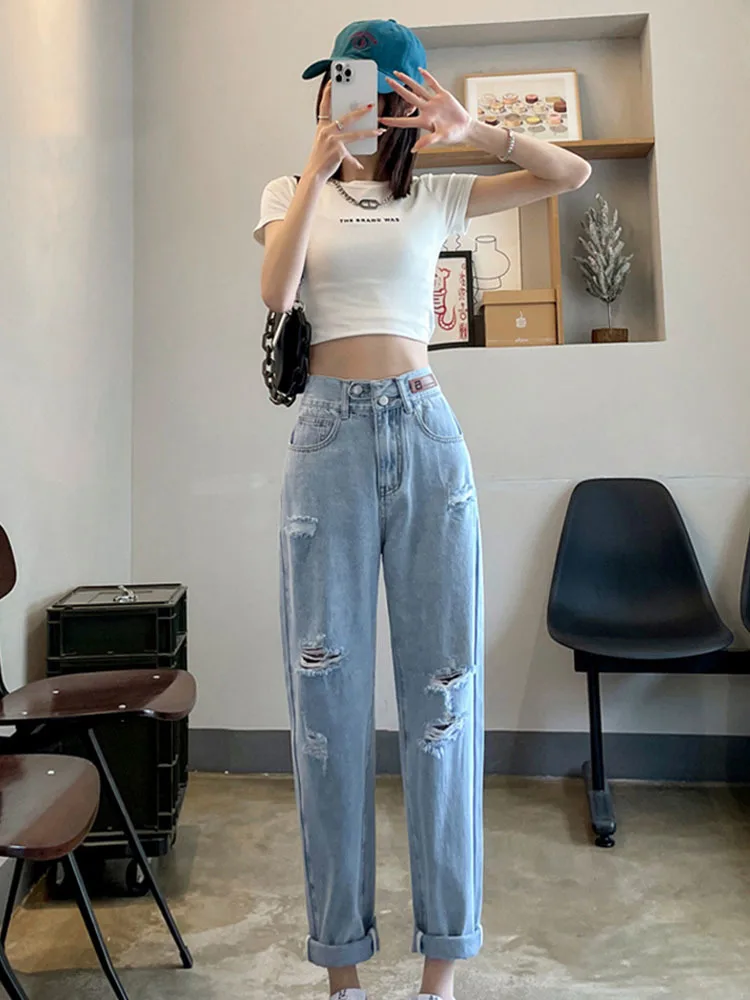 

Simple Casual Versatile New Summer Solid Color Distressed Women's High Waisted Fashion Loose Pocket Denim Harem Pants