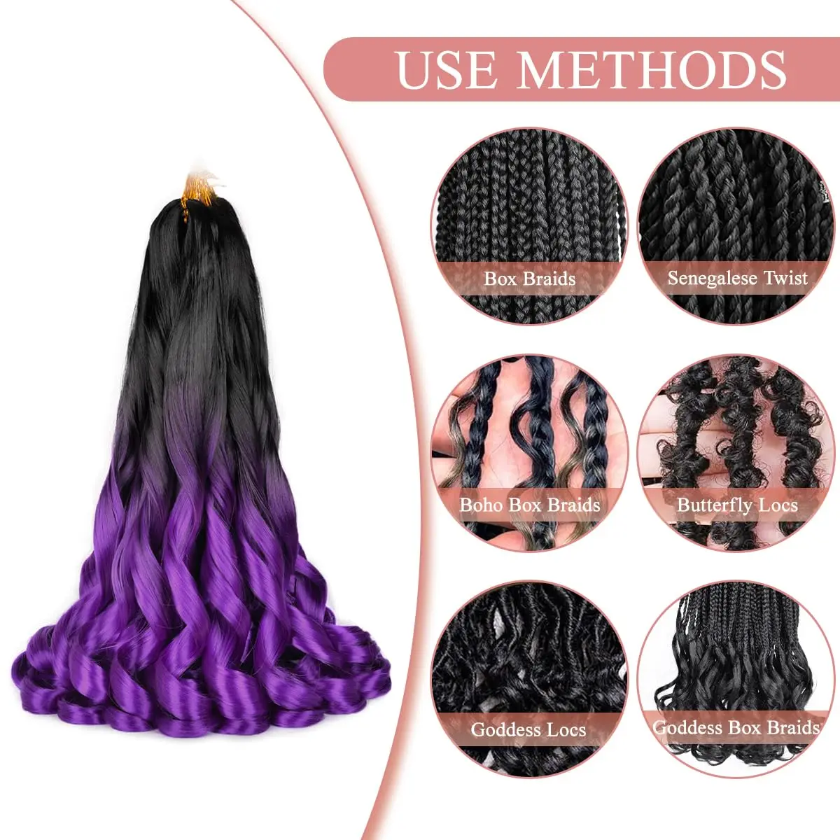 Synthetic French Curl Braiding Hair 24 inch Pre Stretched Bouncy Braiding Hair Purple Braid Crochet Hair Extensions For Women 5