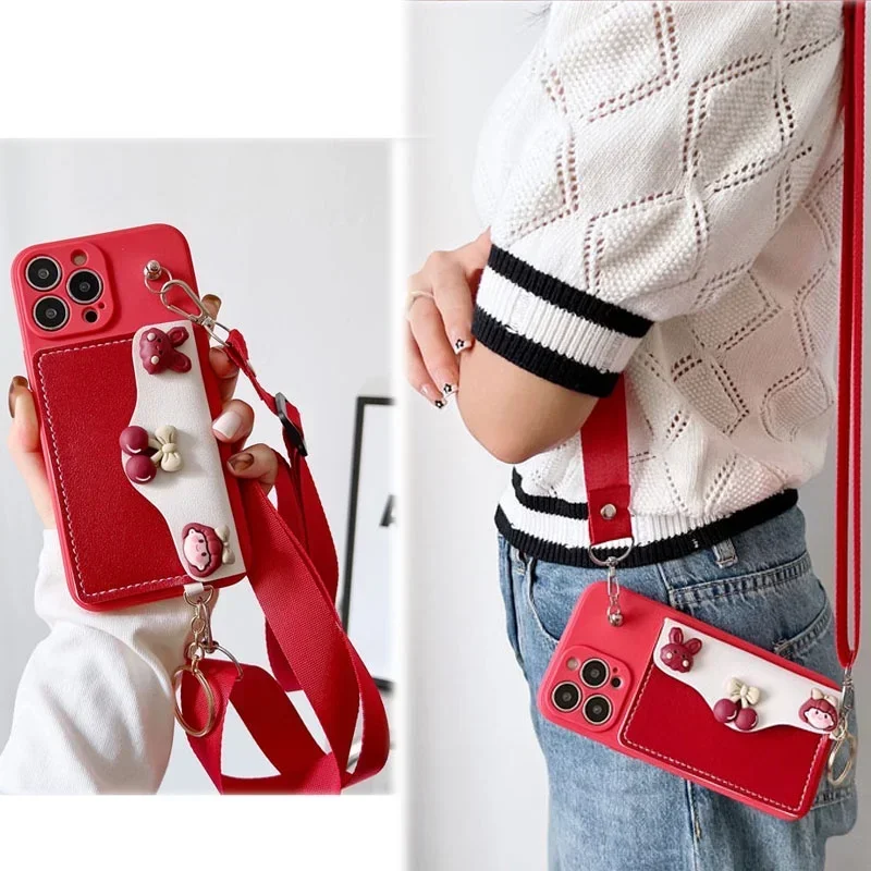 Crossbody Leather Strap Lanyard Wallet Silicone Case with Card Slot and Soft Cover