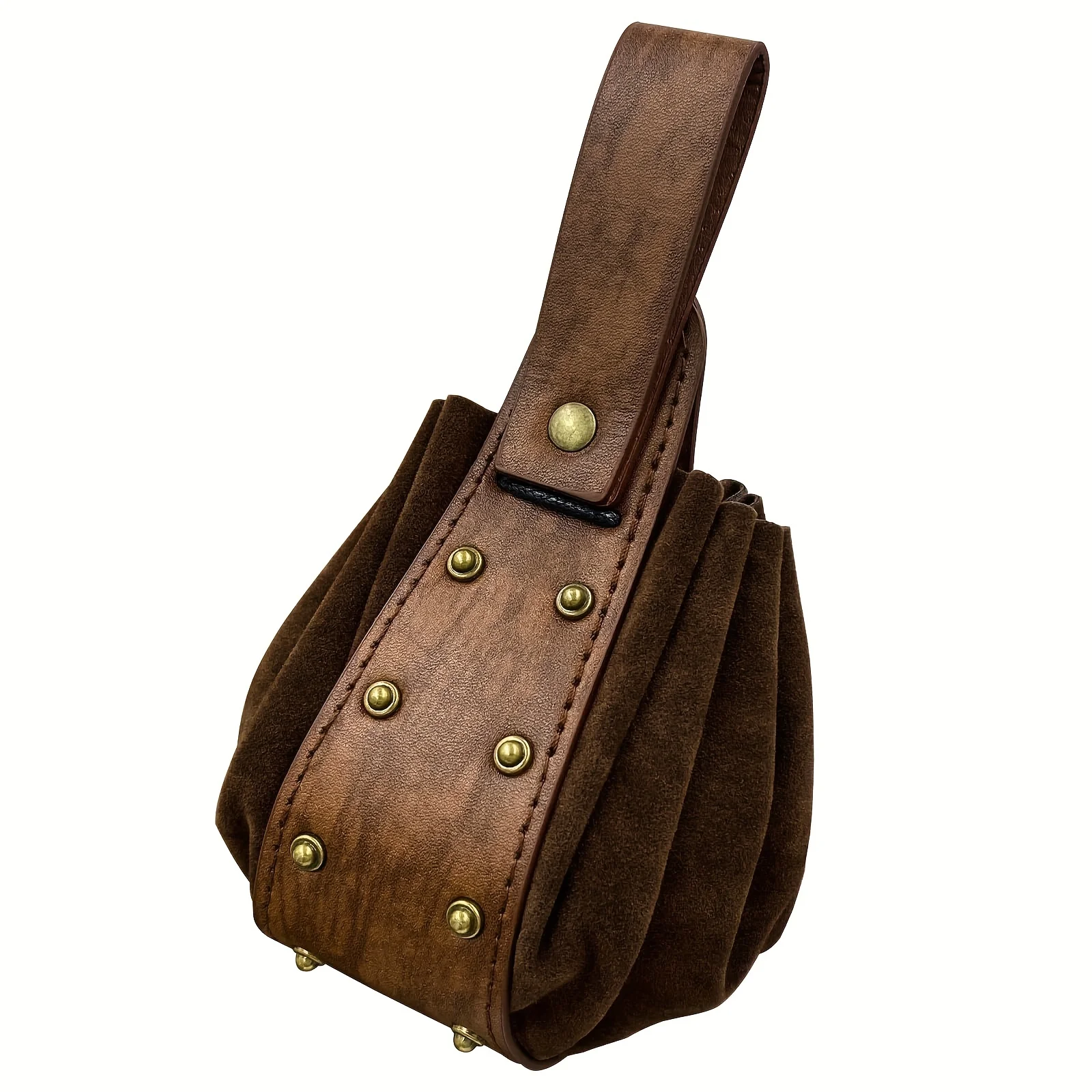 1 Stück Vintage Mittelalterlicher Wikinger-Nietenbeutel mit Kordelzug - Kunstleder-Münzbörse, Leicht & Faltbar, mit Metallakzenten – Detail 4