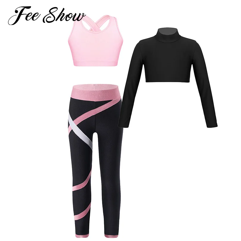 

Kids Girls Sports Yoga Running Sets Long Sleeve Crop Top with Sleeveless Bra Top+Colorblock Leggings Workout Fitness Tracksuits