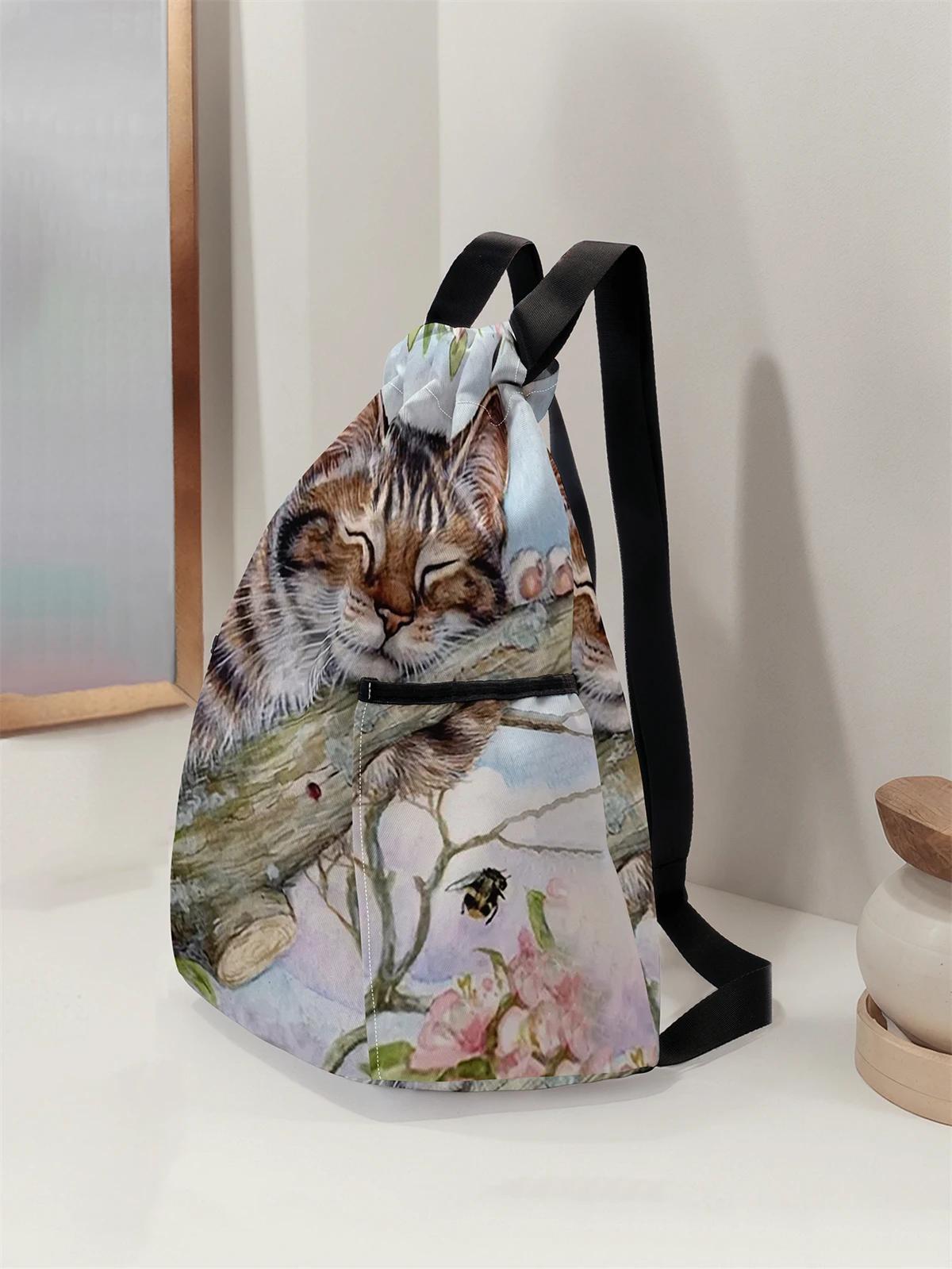Cute Cat Pattern Printed Drawstring Backpack - Large Capacity Durable Fitness Bag, Sports Beach Backpack