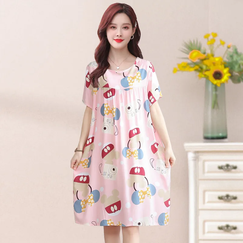 UHYTGF Cotton Silk Summer Pajamas Dress Women's Short Sleeve Pullover Large Swing Nightdress Female Home Clothes Sleepwear 2360