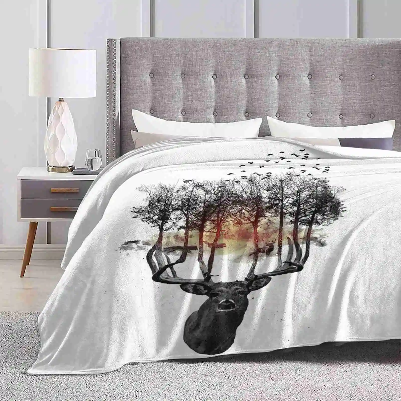 Ceneri Alle Ceneri. Design Creativo Leggero E Sottile Coperta Di Flanella Morbida Corna Di Cervo Foresta Lupo Prey Hunter Fire Sunset