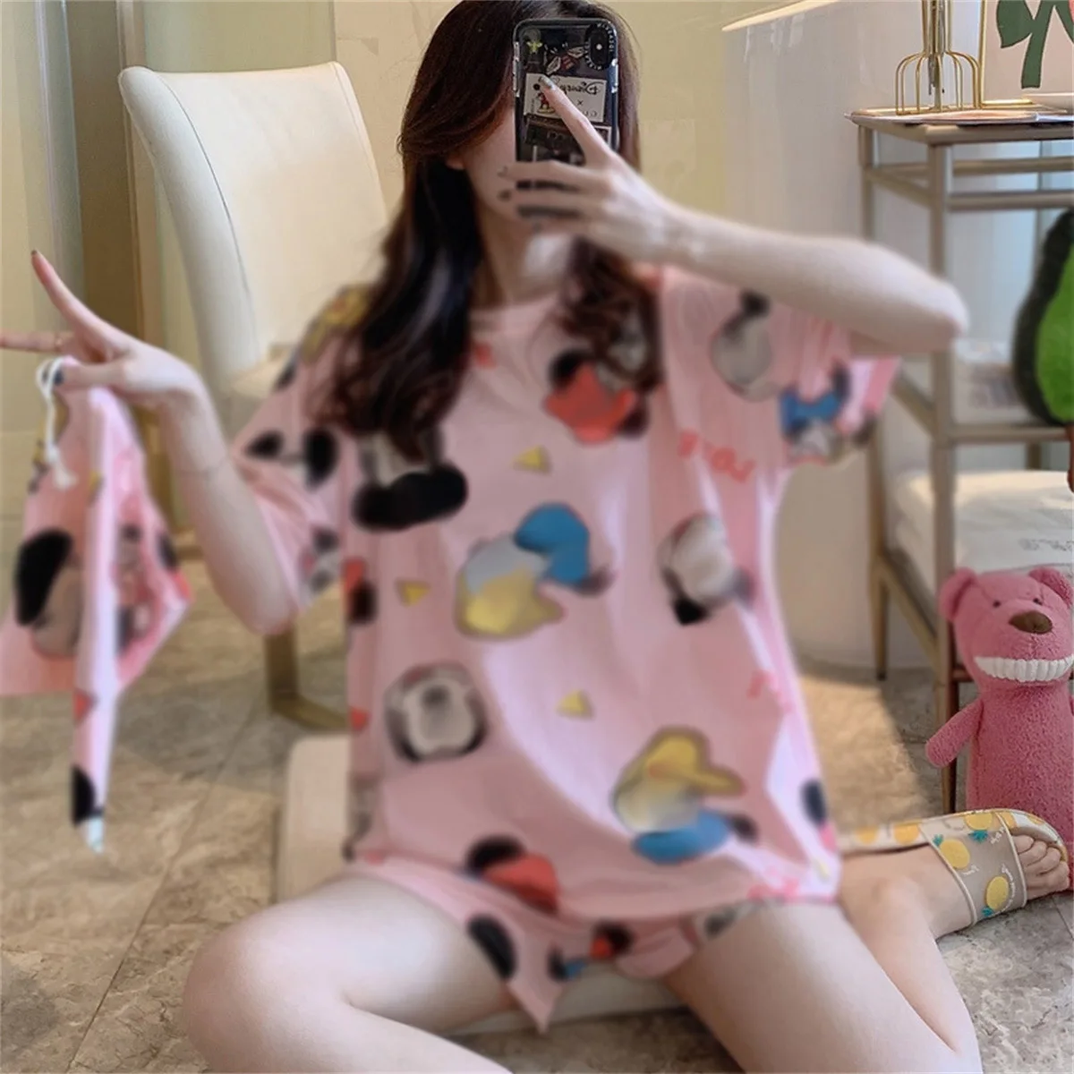 2-Piece Women Summer Pajamas Loose Plus Size Sweet Student Short-Sleeved Shorts Can Be Worn Outside Home Clothes Set Cotton Pajama Set Summer Home Clothes Set