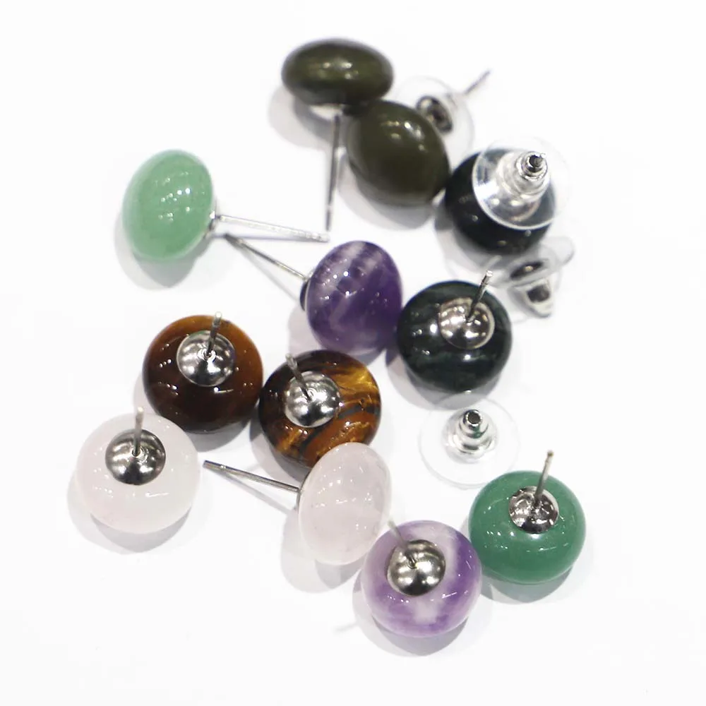 8*12MM Natural Stone Round Stud Amethyst Earrings Rose Quartz Tiger Eye Crystal Simple Ear Handmade Bohemian Women Jewelry 6Pair
