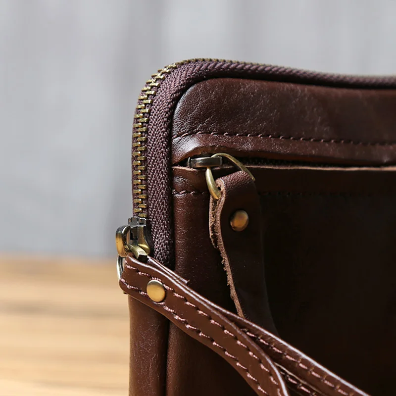 NZPJ Vintage Genuine Leather Men's Wrist Wrap Head Layer Cowhide Women's Wallet Leisure Mobile Phone Bag Bank Card Zipper Wallet