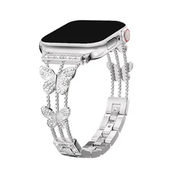 Elegant Stainless Steel Butterfly Diamond Watch Bracelet for S10-42MM 38 40 41MM (Silver)