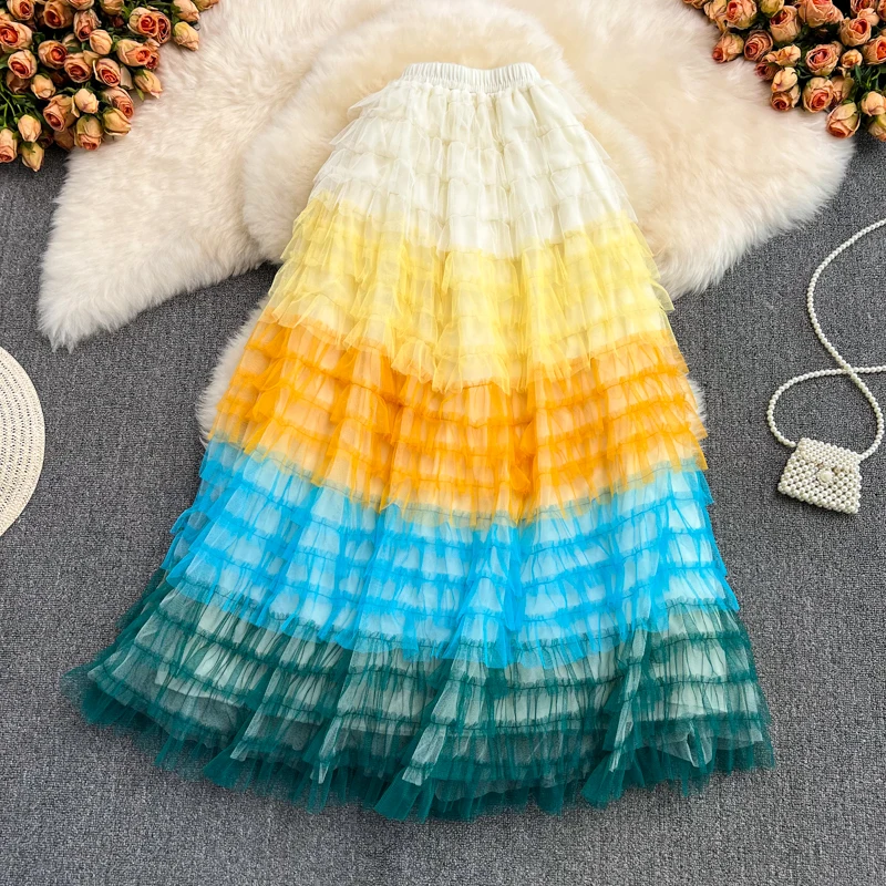2022 Summer New Fairy Skirt Elastic Waist Rainbow Gradient Mesh Skirt High Waist Fluffy Cake Skirt Mid-length Skirt Trendy tartan skirt